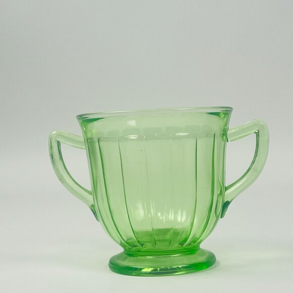 Uranium vintage Glass Green Double-Handled Sugar Bowl Glows Under UV Light - Picture 1 of 6
